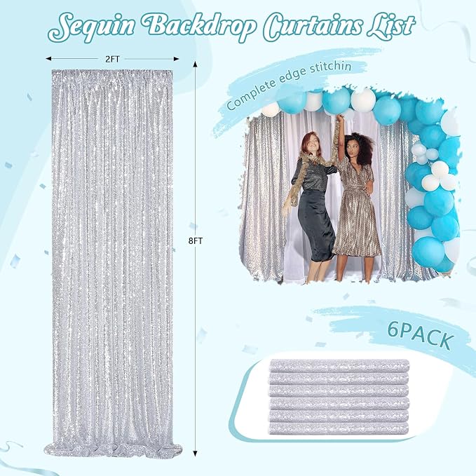 Silver Sequin Backdrop Curtains Drapes 6 Pieces 2ftx8ft Sparkly Christmas | - Image 6
