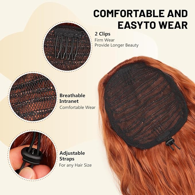 LEEONS 26 inch Drawstring ponytail Extension, Long Wavy pony tails hair extensions for Women - Synthetic Hairpiece Ponytail for Daily Use (Copper Brown)