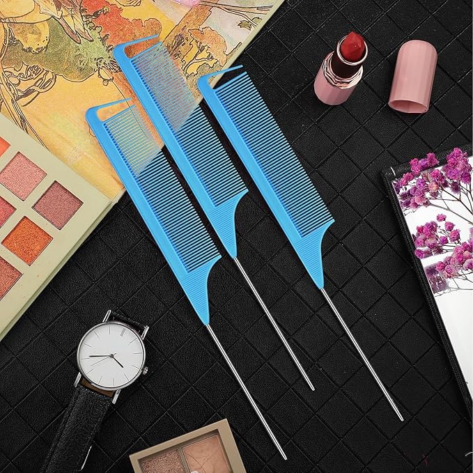 Patelai 30 Pieces Rat Tail Combs Bulk, Hair Teasing Fine Tooth Pintail Combs Braiding Hair Styling Tools with Steel Pin for Stylists Salon Teasing Sectioning Coloring Detangling(Blue)
