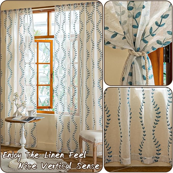 2 Panels Linen Leaf String Floral Embroidered Semi Sheer Curtain Farmhouse - Image 3