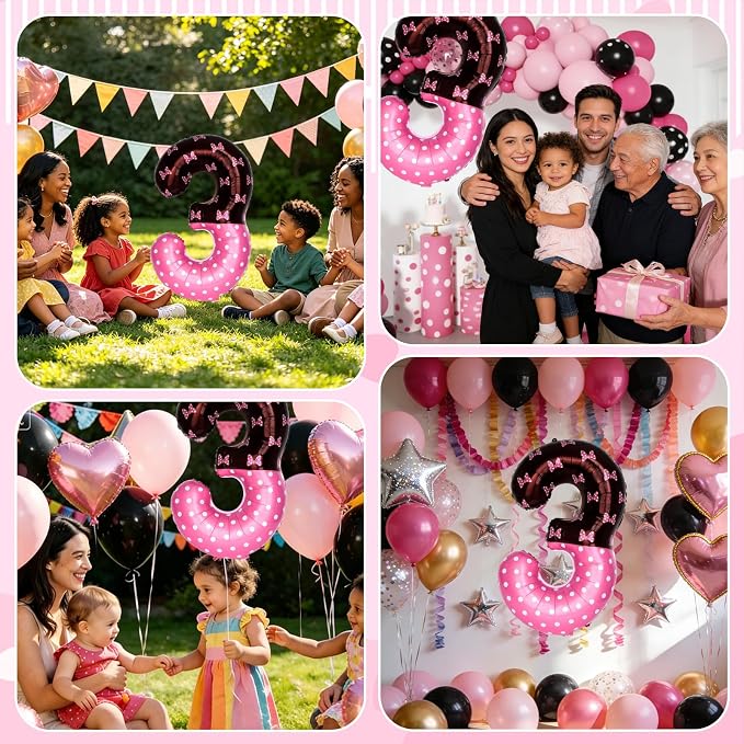 40 Inch Pink Cartoon Mouse Number 3 Balloon, Birthday Party Decorations | Black - Image 7