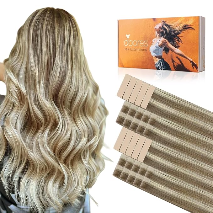 DOORES Invisi Edge Tape in Hair Extensions Human Hair, Light Brown Highlighted Medium Blonde 10 Injection Tape-ins with 10 Classic Tape-ins 50g 20 Inch, Virgin Tape in Extensions