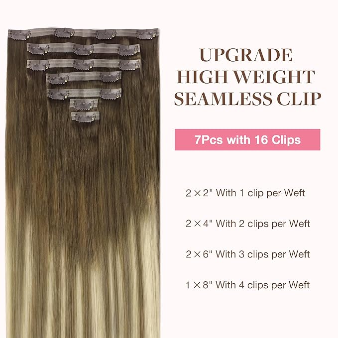 GOO GOO Clip in Hair Extensions Real Human Hair, Remy Human Hair Extensions Clip ins for Women, Natural Human Hair, 20inch 110g 7Pcs, 3/8/613 Balayage Walnut Brown to Ash Brown and Bleach Blonde
