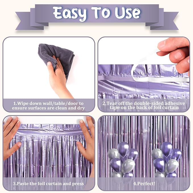 Voircoloria Light Purple Foil Fringe Backdrop Curtains, Birthday Party - Image 4