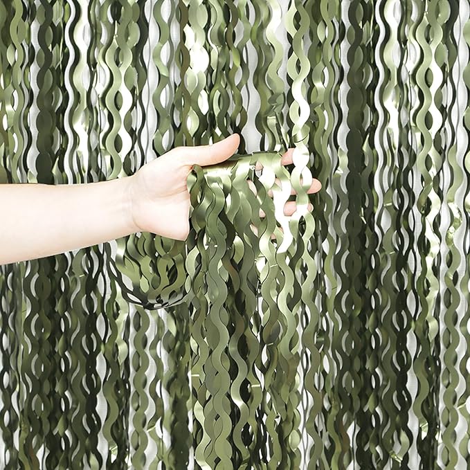 4 Pack Wavy Olive Green Streamers Backdrop Jungle Party Decorations by KEEUH