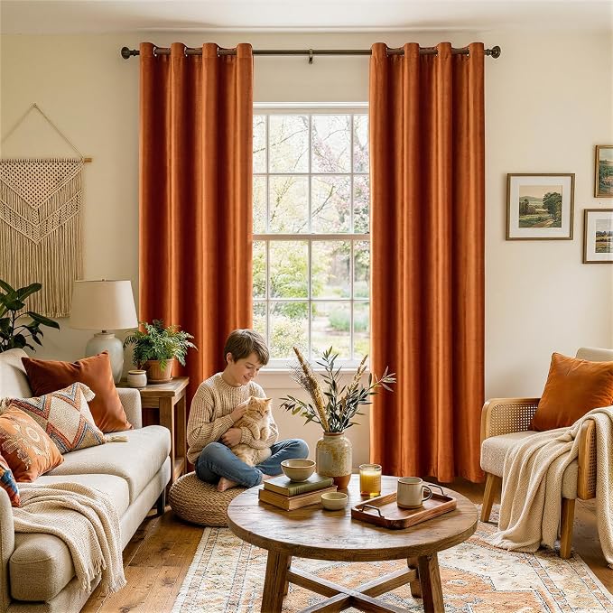 BULBUL Velvet Burnt Orange Blackout Curtains 84 inch Length - Image 2