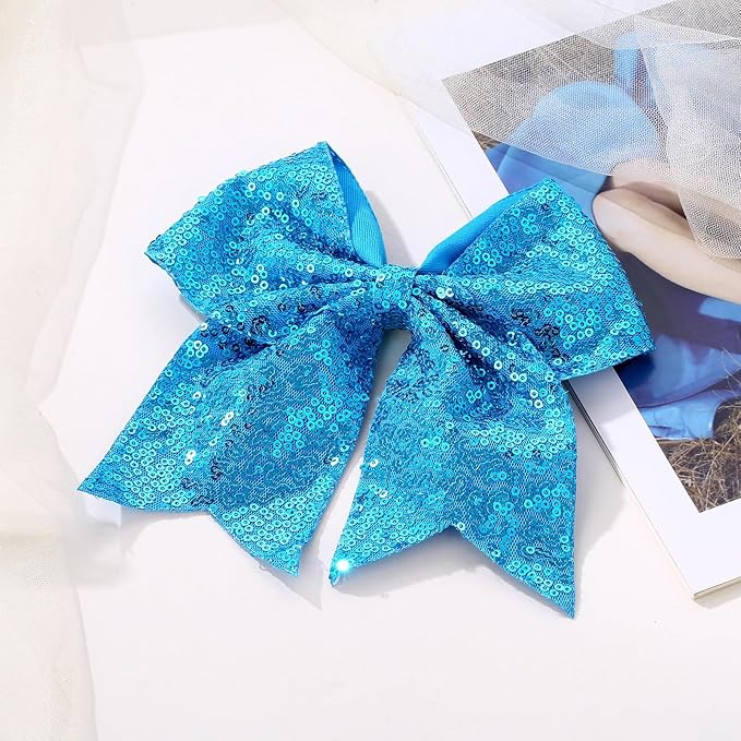 Large Glitter Cheer Bows Clips, Jumbo Big 7 Inch Cheerleading Sequin Hair Bow Hair Accessories for Teens Girls Football Sports Cheerleader Outfit Uniform (Blue)