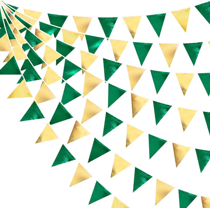 Green Gold Party Decorations Metallic Fabric Triangle Pennant Banner Flag by pinkblume