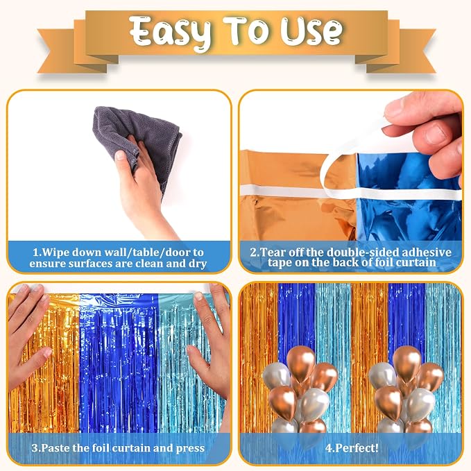 Voircoloria 3 Pack 3.3 x 8.2 ft Blue Orange Foil Fringe Backdrop Curtains - Image 4
