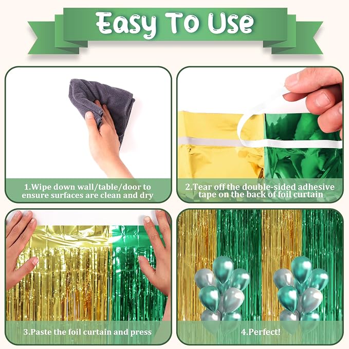 Voircoloria Green Gold Foil Fringe Backdrop Curtains, 2 Pack | Tinsel Streamers - Image 4