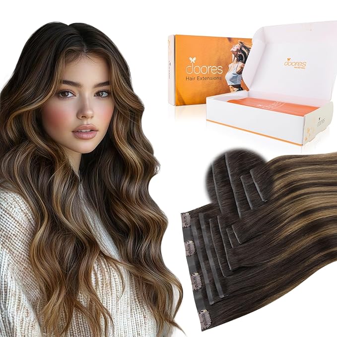 DOORES Clip in Hair Extensions Set 18 Inch 120g, 4pcs Invisi Edge Clip ins and 3pcs Classic Seamless Clip ins, Injected Virgin Real Human Hair Extensions Natural Invisible Straight, #(T2/6) P2