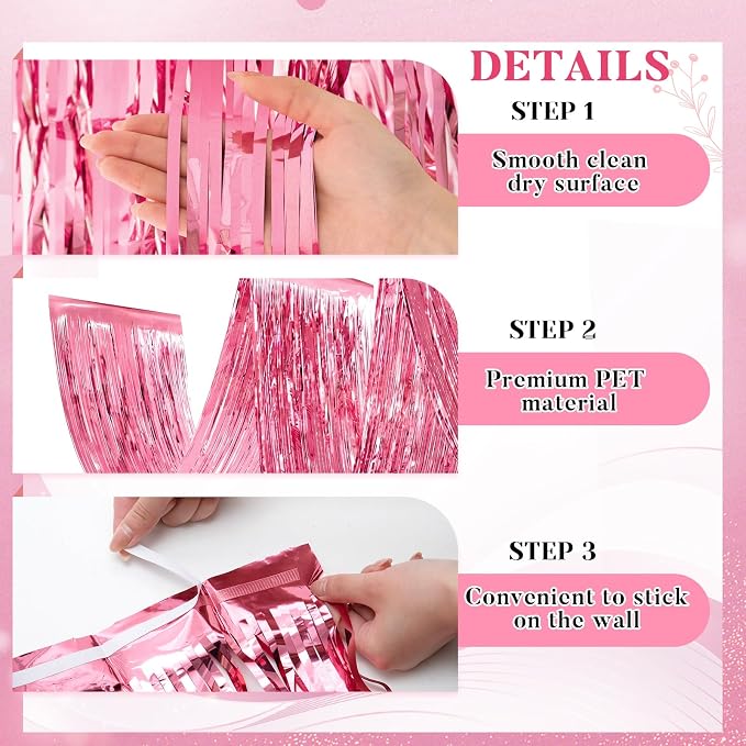 4 Pcs 15ft Pink Metallic Foil Ceiling Fringe Curtains, Party Decor Fringe Drapes - Image 3