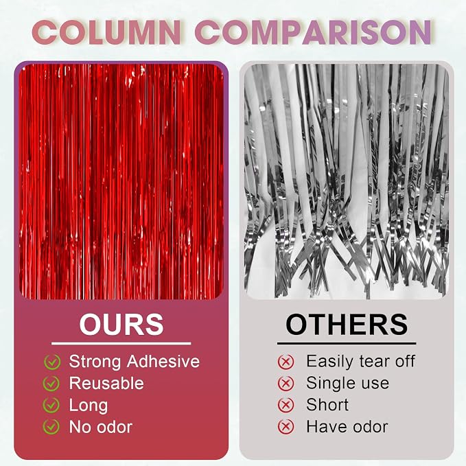 Voircoloria Red Foil Fringe Backdrop Curtains, 3 Pack | Tinsel Streamers - Image 5