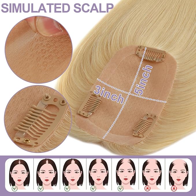 14 Inch Length Hair Toppers for Women with Thinning Hair, 3x5 Inch Injected Silk Base 130% Density Hairpieces #613 Bleach Blonde