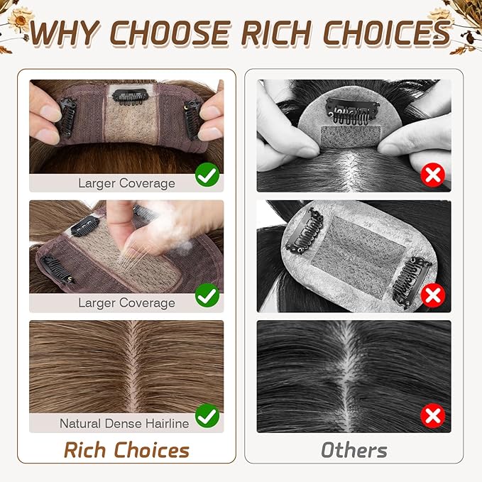 Rich Choices Hair Toppers for Women Real Human Hair 100% Human Remy Toppers NO Bangs for Women with Thinning on Top Clip in Hairpiece 4"x4.7"Lace Base 10 Inch #4R Natural Brown