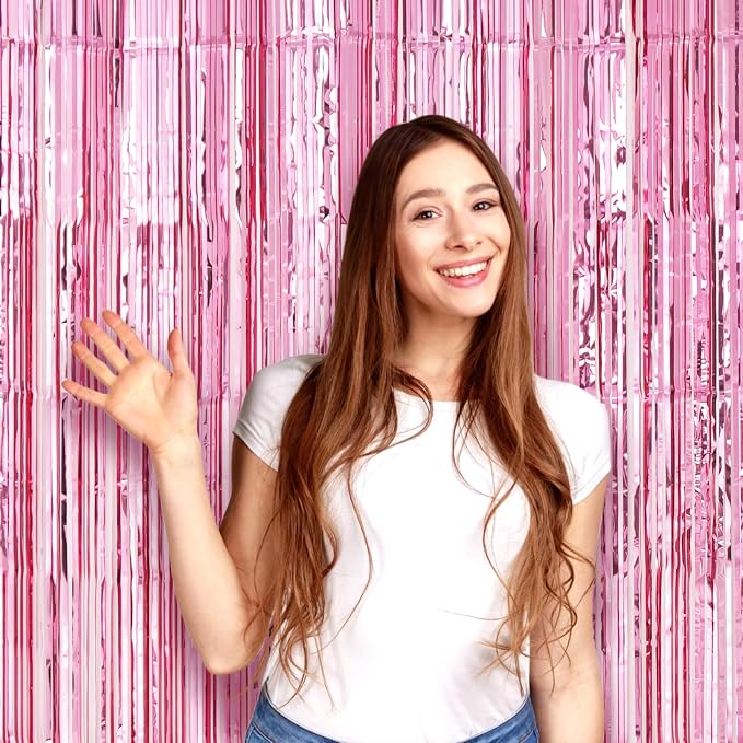 Voircoloria 3 Pack 3.3 x 8.2 ft Light Pink Foil Fringe Backdrop Curtains - Image 6