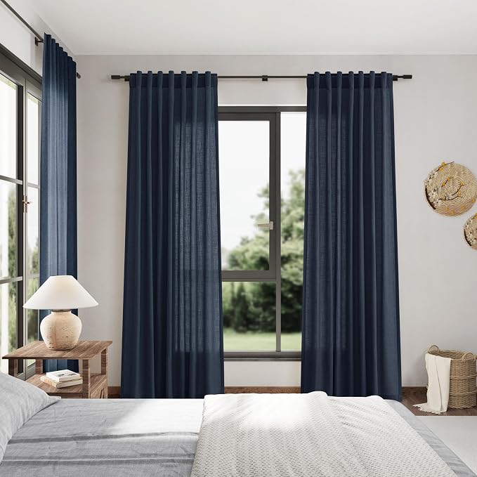 Vintage Blue Linen Curtains 96 Inches Long 2 Panels Set - Image 7