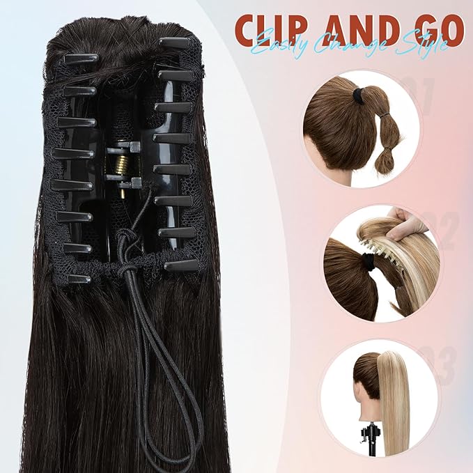 Hairro Claw Clip In Ponytails 100% Real Human Hair Ponytail Hair Extensions Natural Jaw On Ponytail Extensions Jaw/Claw Clips Pony Tail Hairpieces For Women 16 Inch 105g #1B Natural Black
