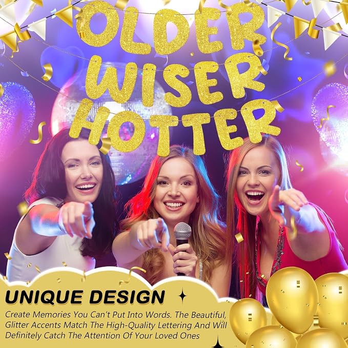 Fulmoon Set of 3 Pre Strung Older Wiser Hotter Glitter Banner Funny Birthday - Image 4