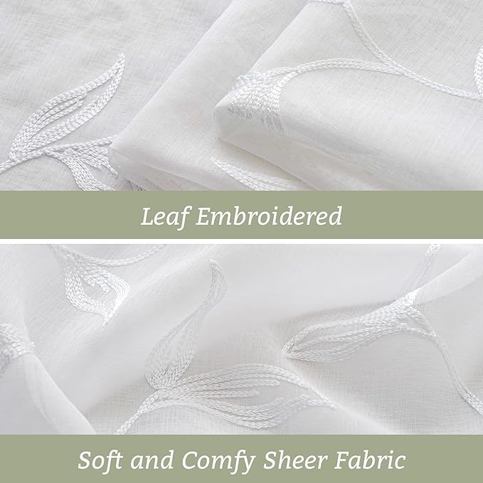 White Sheer Curtains Boho Leaf Floral Embroidered 54Wx63L | Light Filtering - Image 5