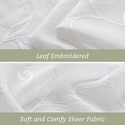 White Sheer Curtains Boho Leaf Floral Embroidered 54Wx63L | Light Filtering - Image 5