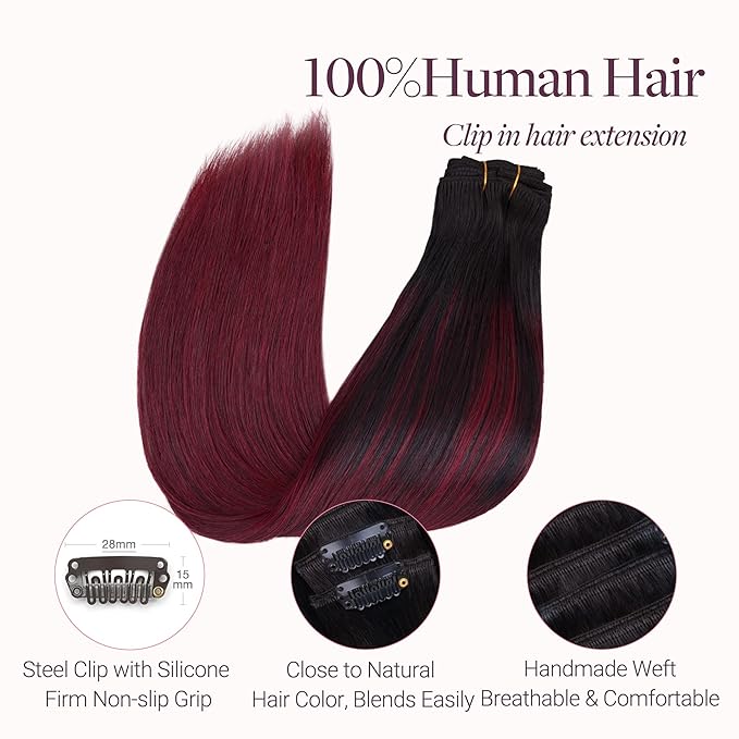 GOO GOO Clip in Hair Extensions Real Human Hair, Remy Human Hair Extensions Clip ins for Women, Natural Human Hair, 20inch 160g 7 Pcs, #1/99j Balayage Jet Black to Red