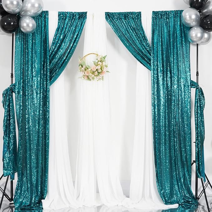 Poise3EHome 2Pcs 2Ft x 8Ft Teal Sequin Backdrop Curtains, Glitter Photography - Image 5