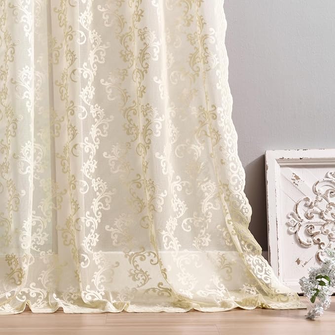 Beige Lace Curtains 80 Inches Long 2 Panels Vintage Paisley Lace Curtains - Image 5