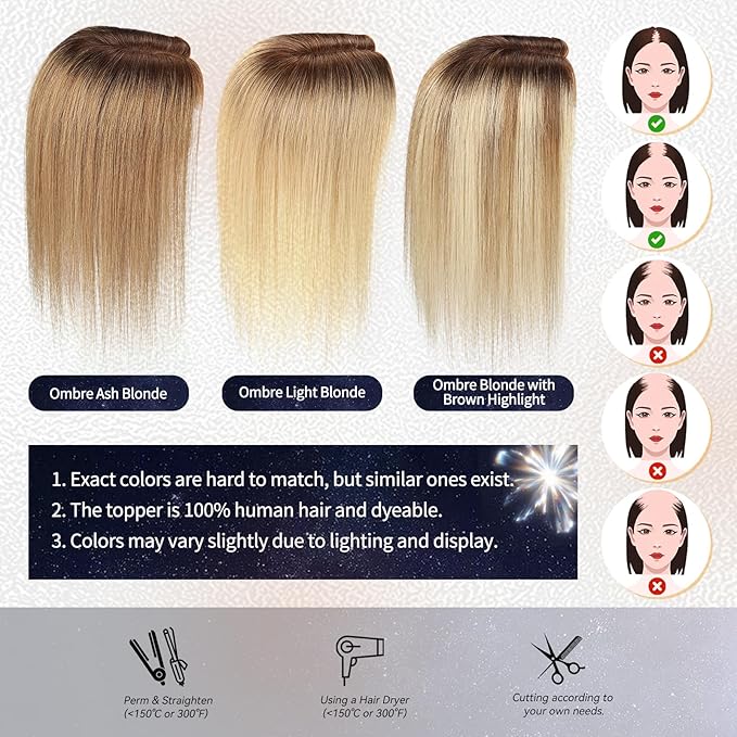 starluck Hair Toppers for Women Real HumanHair,5"*3"MONO Base Hand-moven Topper,100% Real HumanHair Toppers for Women with Thinning,Gray Roots,High Volume,Ombre Light Blonde
