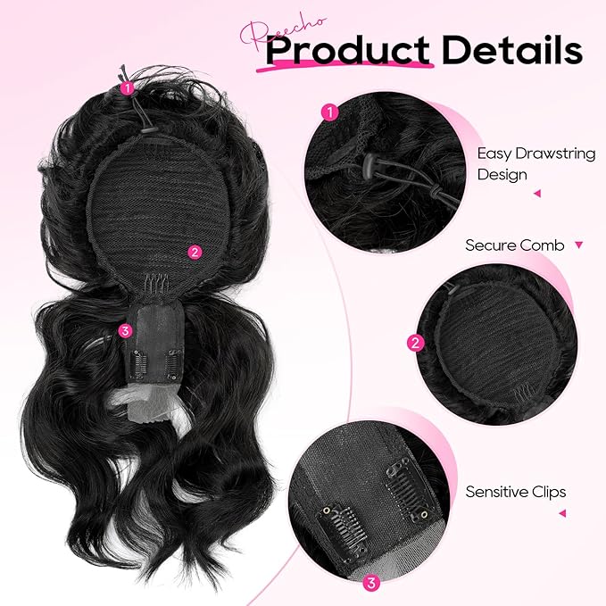 REECHO Messy Bun Hair Piece with Bangs – 2-in-1 Drawstring Ponytail Extension Updo Wig & Hair Topper with Long Side Bangs, Natural-Looking Hair Bun Hairpieces for Women - Black