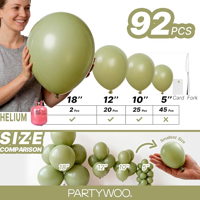 PartyWoo Sage Green Balloons 92pcs Different Sizes of 18 12 10 5 Inch Olive - Image 6