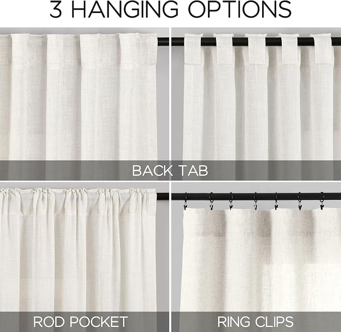 Beige White Linen Curtains for Living Room Extra Long 110 Inches Long Back Tab - Image 2