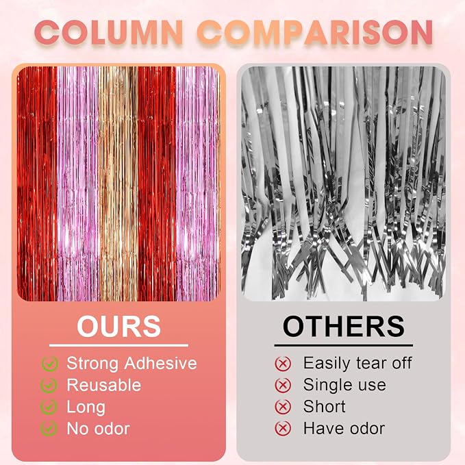 Voircoloria 3 Pack 3.3 x 8.2 ft Valentine Foil Fringe Backdrop Curtains - Image 4