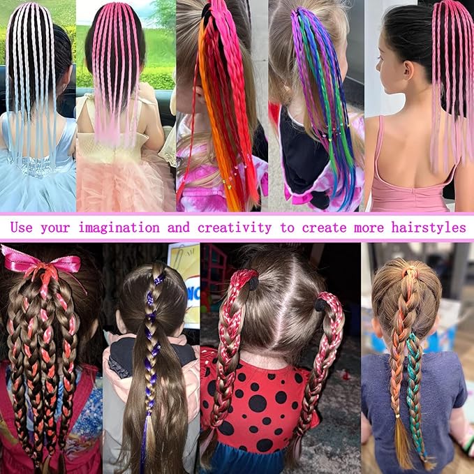 Colored Braids Hair Extensions with Rubber Bands Rainbow Braided Synthetic Hairpieces Ponytail Hair Accessories for Women Kids Girls Party Highlights Cosplay Dress Up (12PCS C Style)