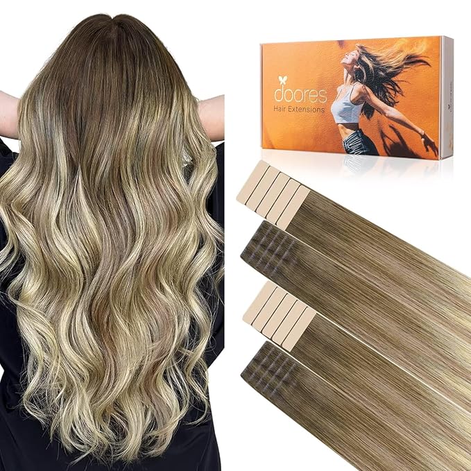 DOORES Invisi Edge Tape in Hair Extensions, Walnut Brown to Ash Brown and Bleach Blonde 10 Injection Tape-ins with 10 Classic Tape-ins 50g 16 Inch, Injected Tape in Virgin Human Hair