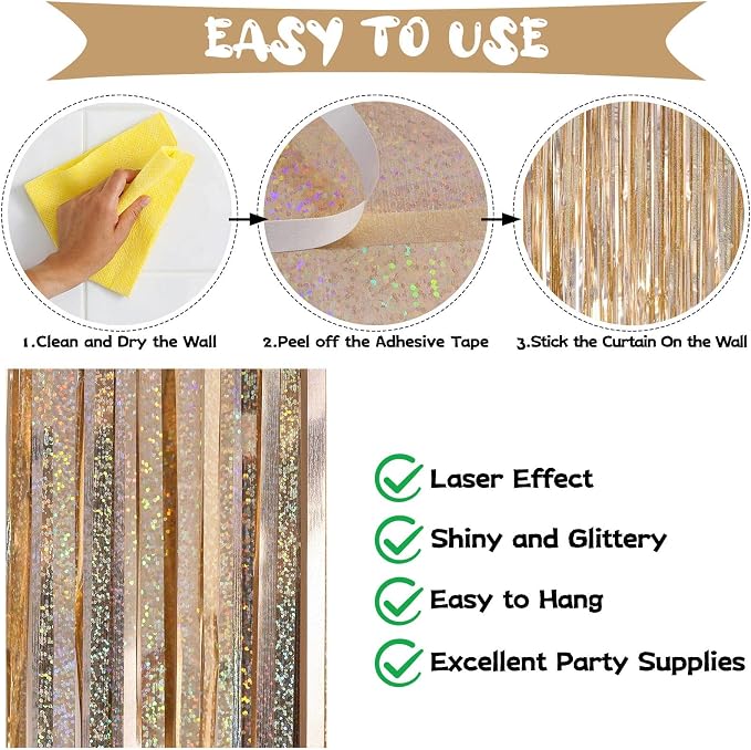 Champagne Tinsel Foil Fringe Curtain, 2 Pack 3.3 x 8.2 Ft Metallic Glitter - Image 4