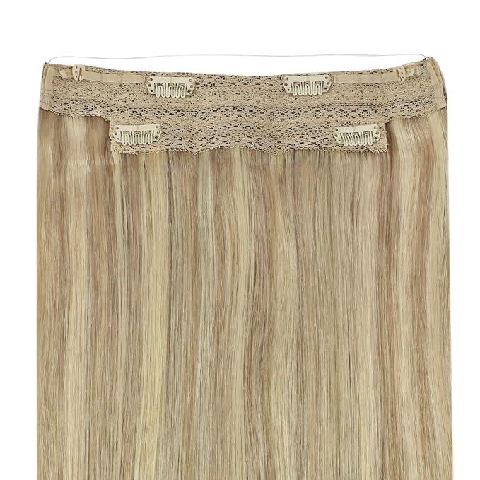 YoungSee 100G Hair Extensions Wire Highlight Invisible Wire Hair Extensions Real Human Hair Golden Blonde Highlighted Light Blonde Human Hair Fish Line Extensions for Natural Look 20In