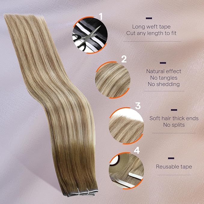 Full Shine Tape in Hair Extensions Human Hair Genius Weft Hair Extensions for Women 22 Inch Color 8 Ash Brown Ombre 60 Blonde And 18 Dark Ash BLonde Tape in Extensions 50G A Piece Full Head