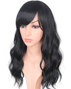 Medium Long Black Wavy Wigs For Women Synthetic Full Hair Natural Black Wigs With Side Bangs For Daily Use 16 Inches (NATURAL BLACK(1#))