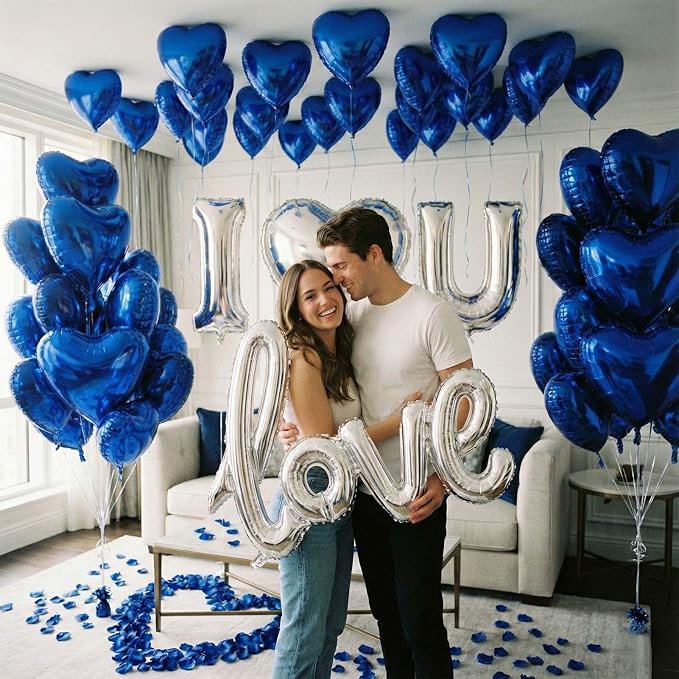 I Love You Romantic Balloon Kit Royal Blue & Silver Heart Mylar Balloons - Image 5