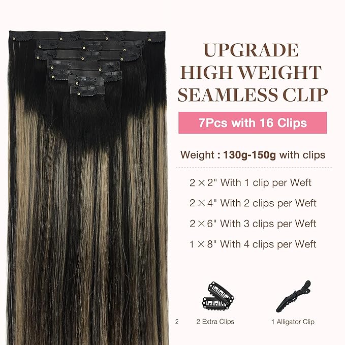 GOO GOO Clip in Hair Extensions Real Human Hair, Remy Human Hair Extensions Clip ins for Women, Natural Human Hair, 18inch 130g 7Pcs, 1B/16/1B Balayage Natural Black to Light Blonde