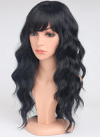 Black Wavy Wigs with Bangs for Women Glueless Black wigs Synthetic Long Black Wigs Natural Looking Heat Resistant for Daily Party Use 18 Inches