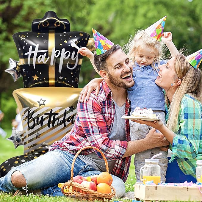 61" Black & Gold Gift Box Standing Happy Birthday Foil Balloon | giant black - Image 5