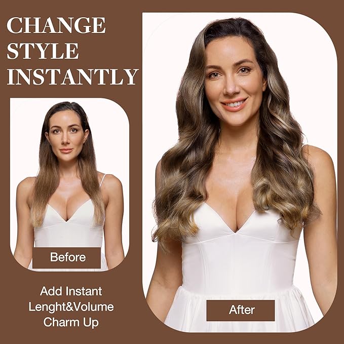 GOO GOO Clip in Hair Extensions Real Human Hair, Remy Human Hair Extensions Clip ins for Women, Natural Human Hair, 24inch 120g 7Pcs, 4/27/4 Balayage Chocolate Brown to Caramel Blonde