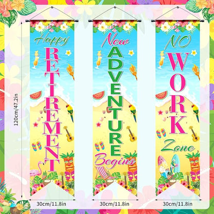 3Pcs Retirement Porch Sign Door Hanging Banner Luau Tropical Happy Retirement - Image 2