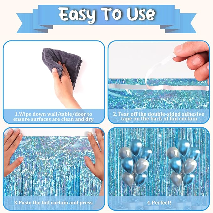 Voircoloria Light Blue Foil Fringe Backdrop Curtains, Birthday Party Decorations - Image 4