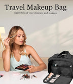 Travel Toiletry Bag for Women, Large Wide-open Puffy Cosmetic Makeup Bag with Wet-Dry Separation, Multi-Pocket Organizer with Carry Handle for Toiletries, Cosmetics, Essentials, Black