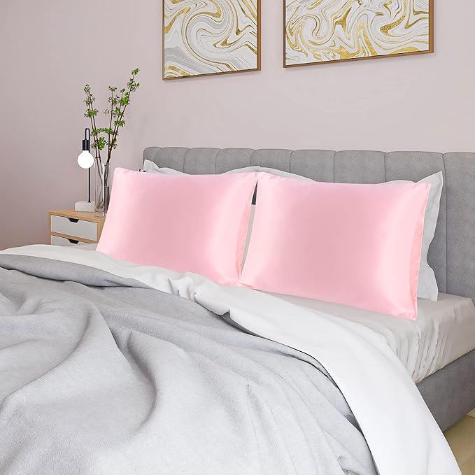 uxcell 2 Pack Silk Satin Pillowcase for Hair and Skin, Cool, Silky, Soft Breathable Pillow Cases King Size 20x36 Inch Sateen Pillowcase Pink with Envelope Closure