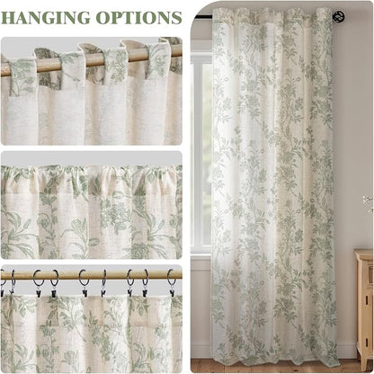 Sage Green Floral Curtains 84 Inch, Light Filtering Linen Texture Drapes 2 - Image 5