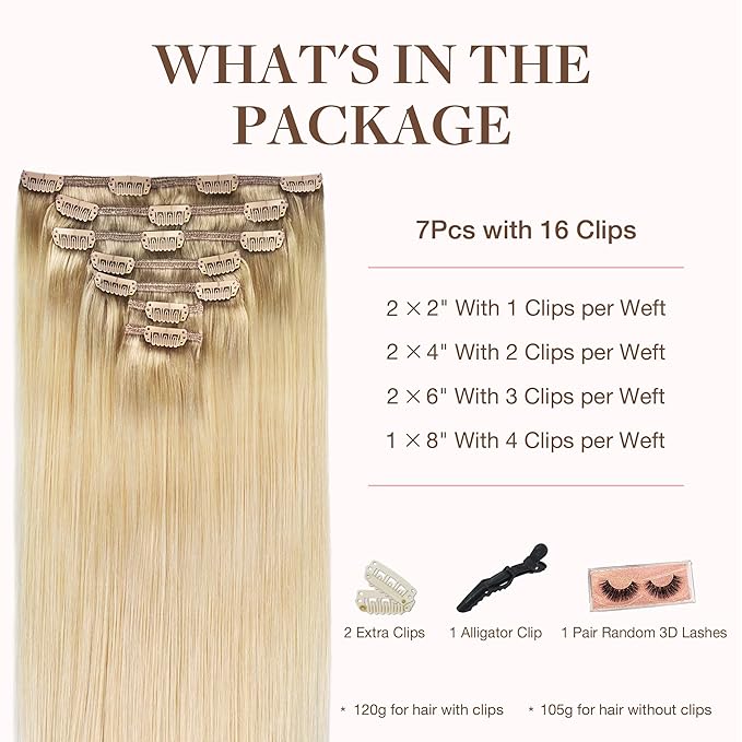 GOO GOO Clip in Hair Extensions Real Human Hair, Remy Human Hair Extensions Clip ins for Women, Natural Human Hair, 18inch 120g 7Pcs, #R7/60F